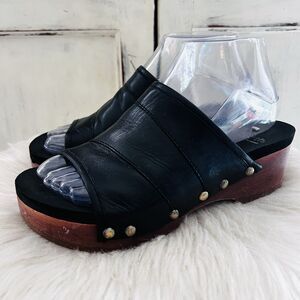 Earth Pine Tiga Black Noir Slip on Wooden Platform Studded Leather Shoes Size 6M